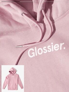 Glossier‎ Original Pink Hoodie Pullover Sweatshirt Spell Out Logo Womens Large